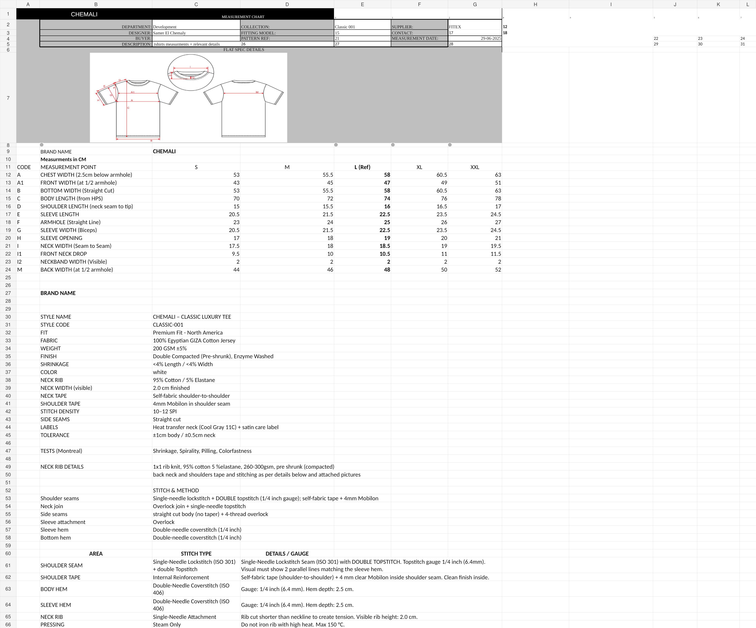 Complete Classic 001 North America T-shirt technical specification, including original header, T-shirt measurement drawing, size chart and construction details