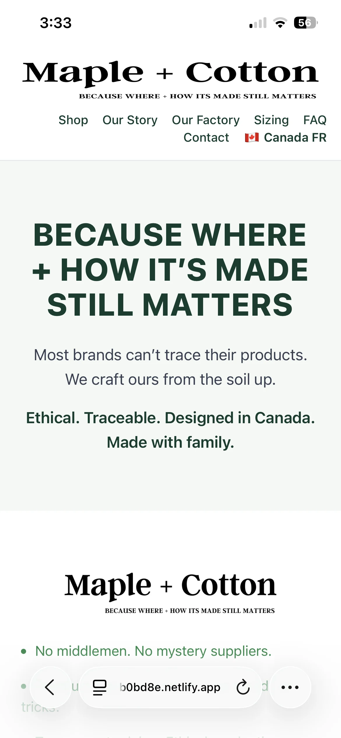 Maple and Cotton prototype homepage showing Canadian market positioning