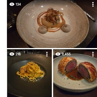 Google Reviews photo-view snapshot showing 134 views for dessert on current plate, 218 for pasta on current plate, and 9,455 for Beef Wellington on the selected RAK plate